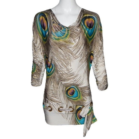 Joseph Ribkoff Peacock Feather Print Ivory Cowl Neck Knit Top Size 4 - Picture 1 of 7